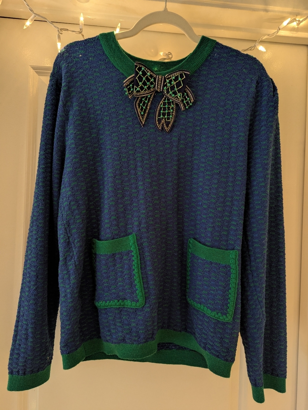 Uterque Blue and Green Crewneck Sweater with Bow Accent